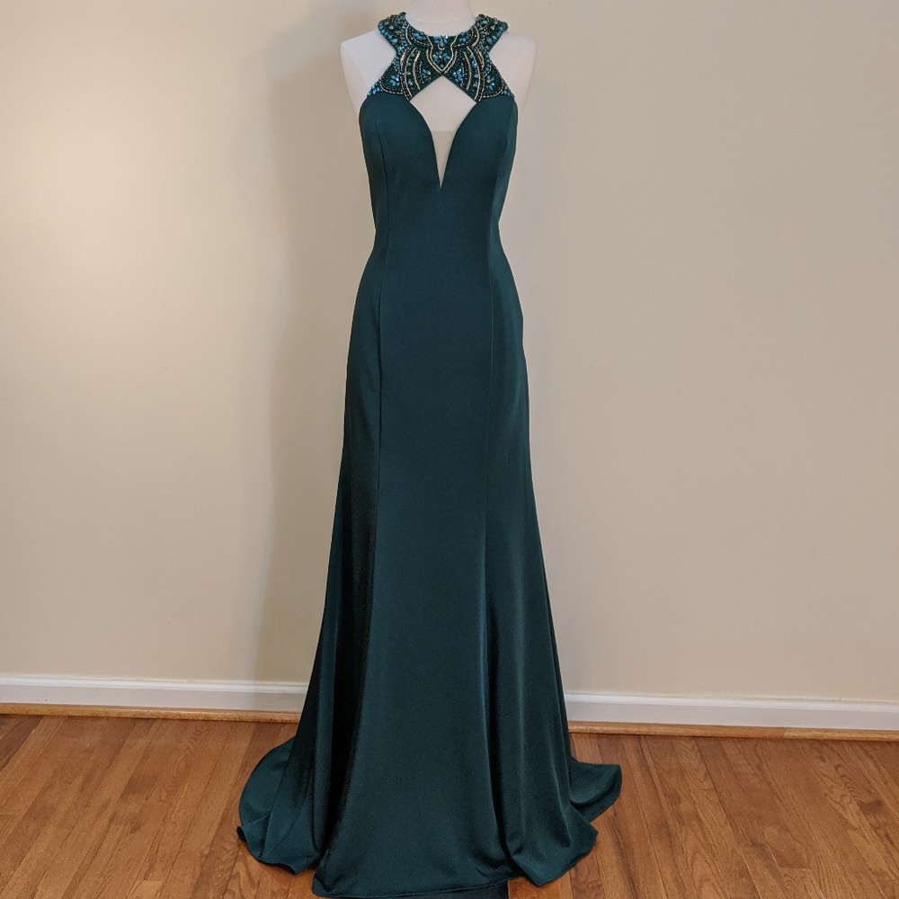 Hunter Green Fit and Flare Halter Neckline Dress